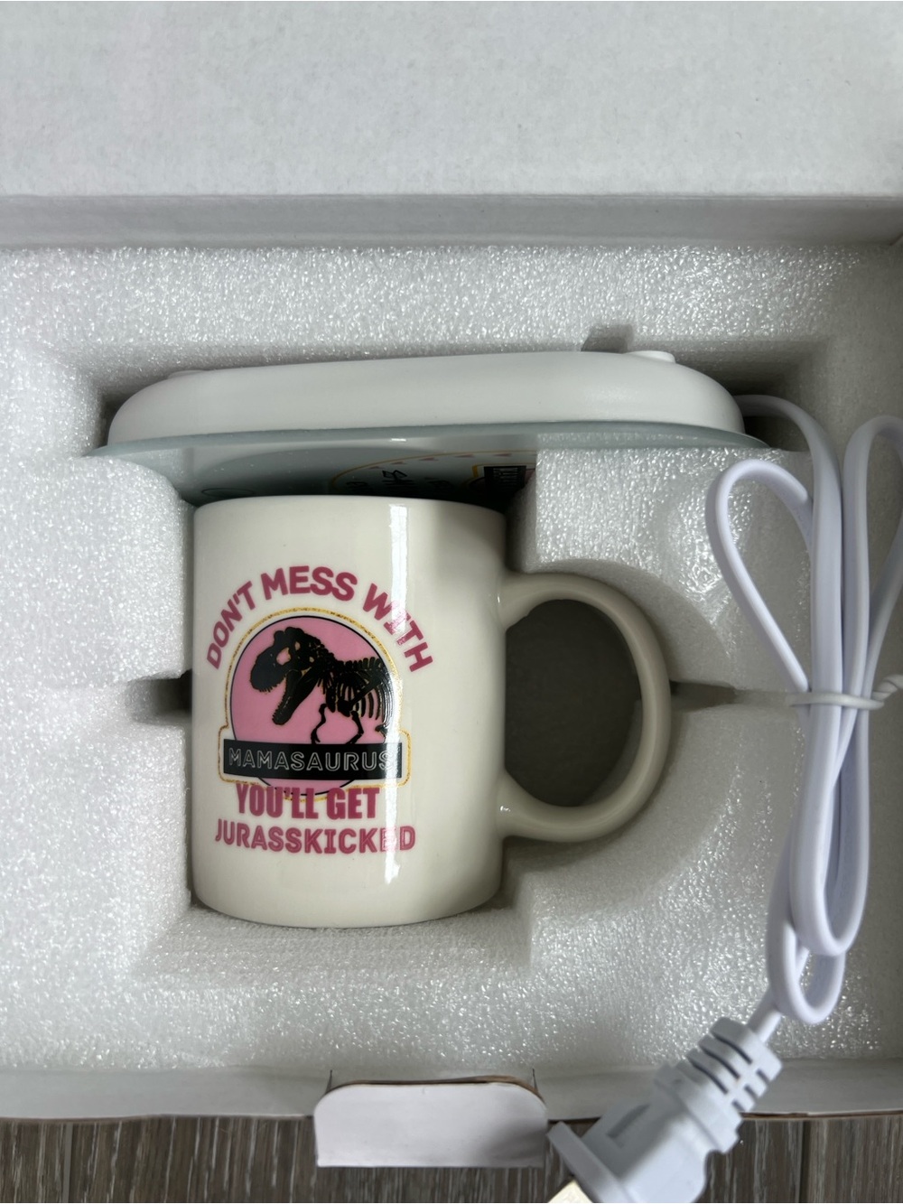 Mamasaurus Pink and White Ceramic Mug with warmer